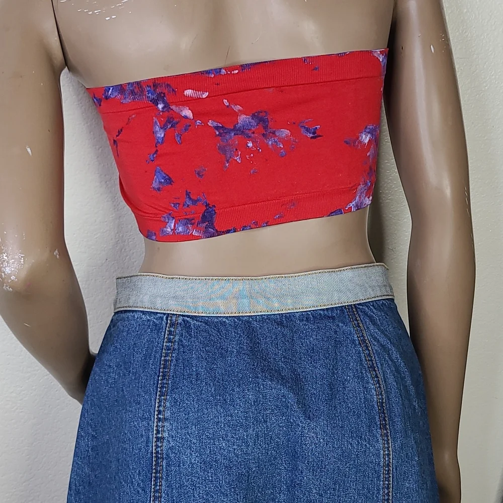 Bandeau Bra Top Size Small Medium Tie Dye Hand Painted Red Blue Stretch Summer - Picture 2 of 2